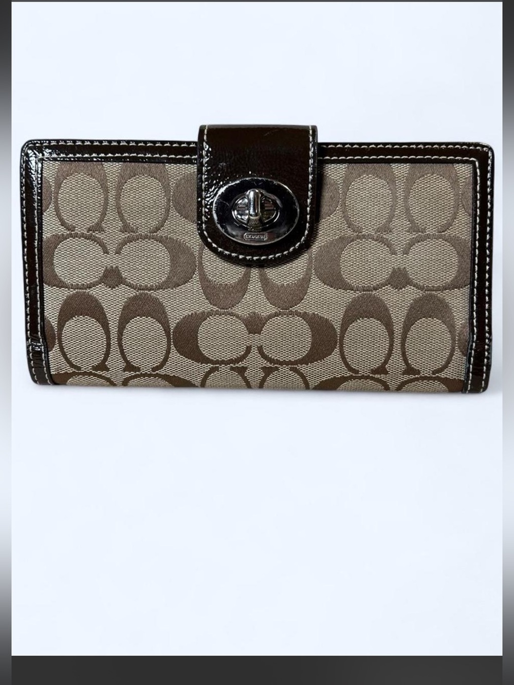 COACH Signature Turnlock Slim Envelope Wallet Brown & Beige patent leather trim